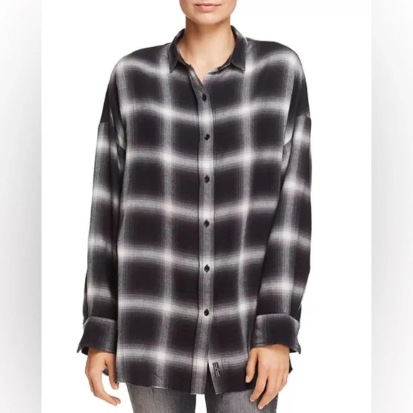 Hudson Oversized Flannel Button Down Shirt Raw Hem Distressed Plaid Black Gray - Picture 12 of 12